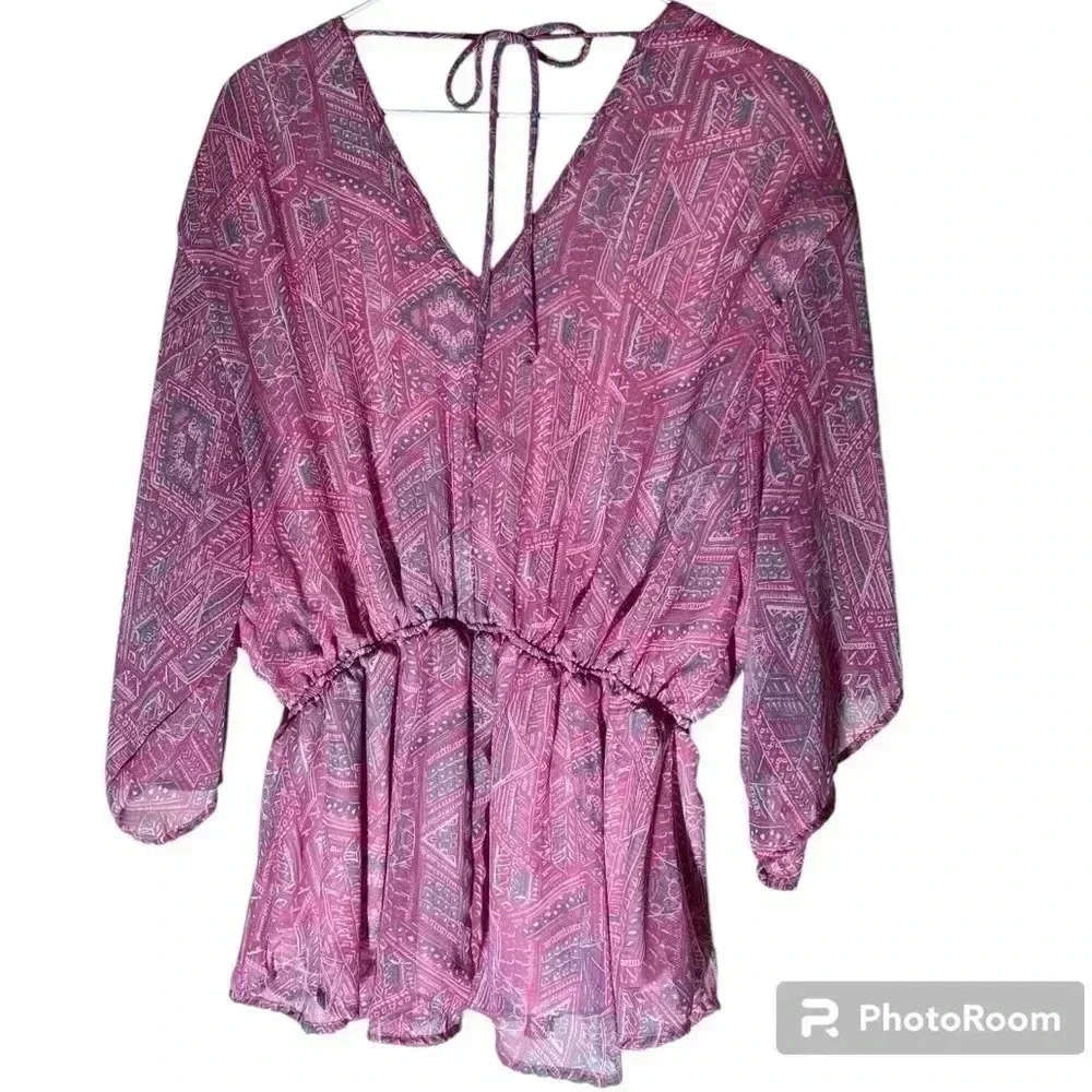 White Birch V-Neck Blouse pink dolman sleeve tops elastic waistband size small